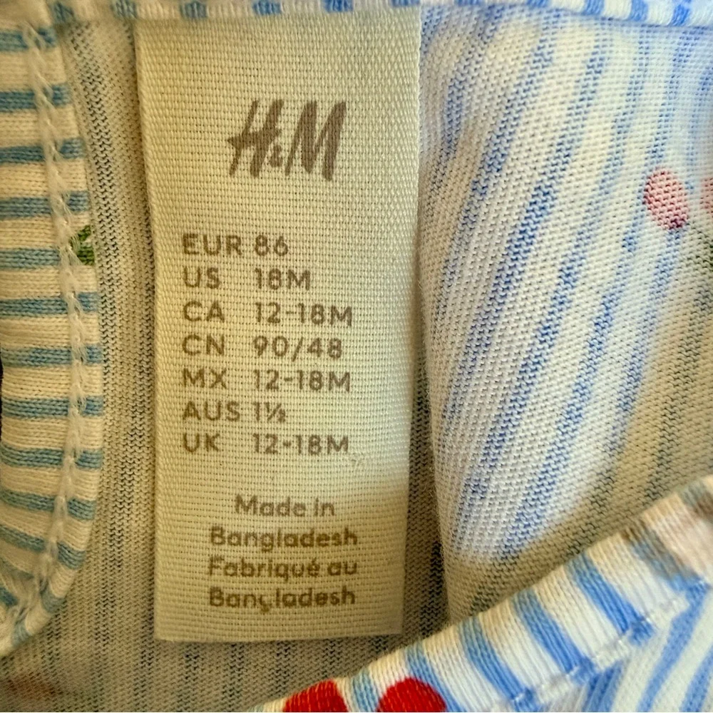 H&M Baby Girl Dress 18M Blue White Pinstripe Cherry Print Cotton